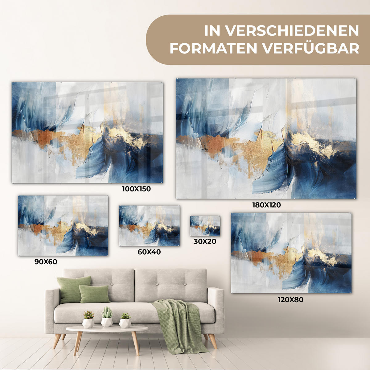 ACRYLGLASBILD Gold - Blau - Aquarell - Kunst - Modern 90x60 cm - Hellblau, Glas (90/60cm) - MuchoWow