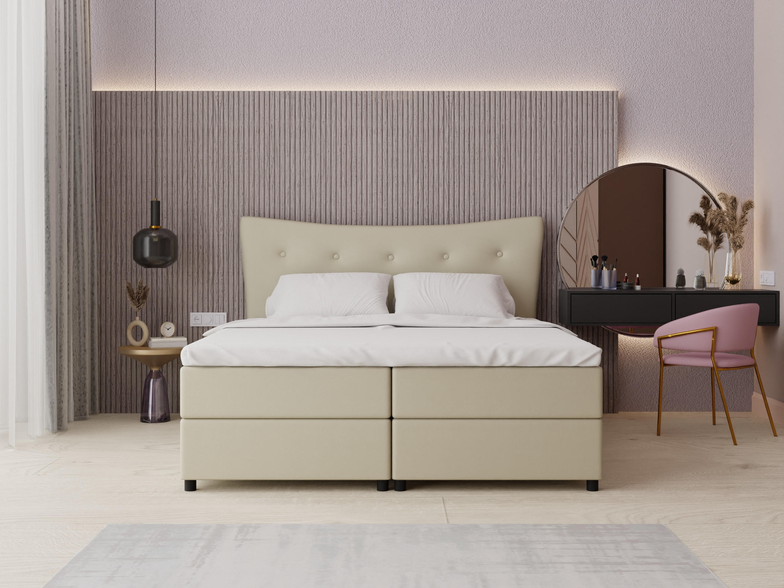 BOXBETT Nevada 180 x 200 cm Doppelbett mit hochwertiger Bonell-Matratze und Topper - ecru - Ecru, Holz (180/200cm) - Panda Möbel