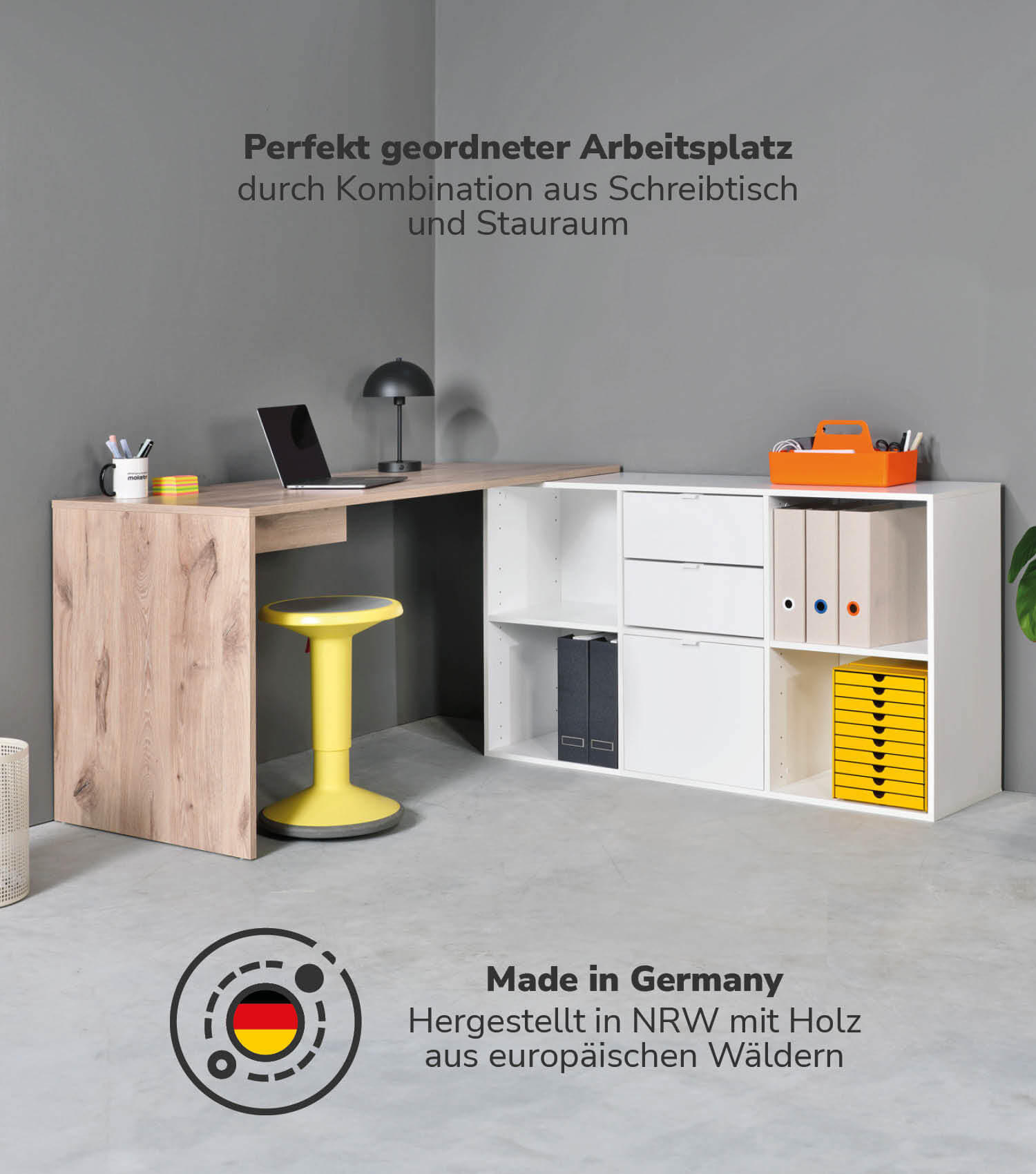 ECKSCHREIBTISCH Der Produktive - Eichefarben/Weiß, Holzwerkstoff (65/145/77cm) - Mokebo