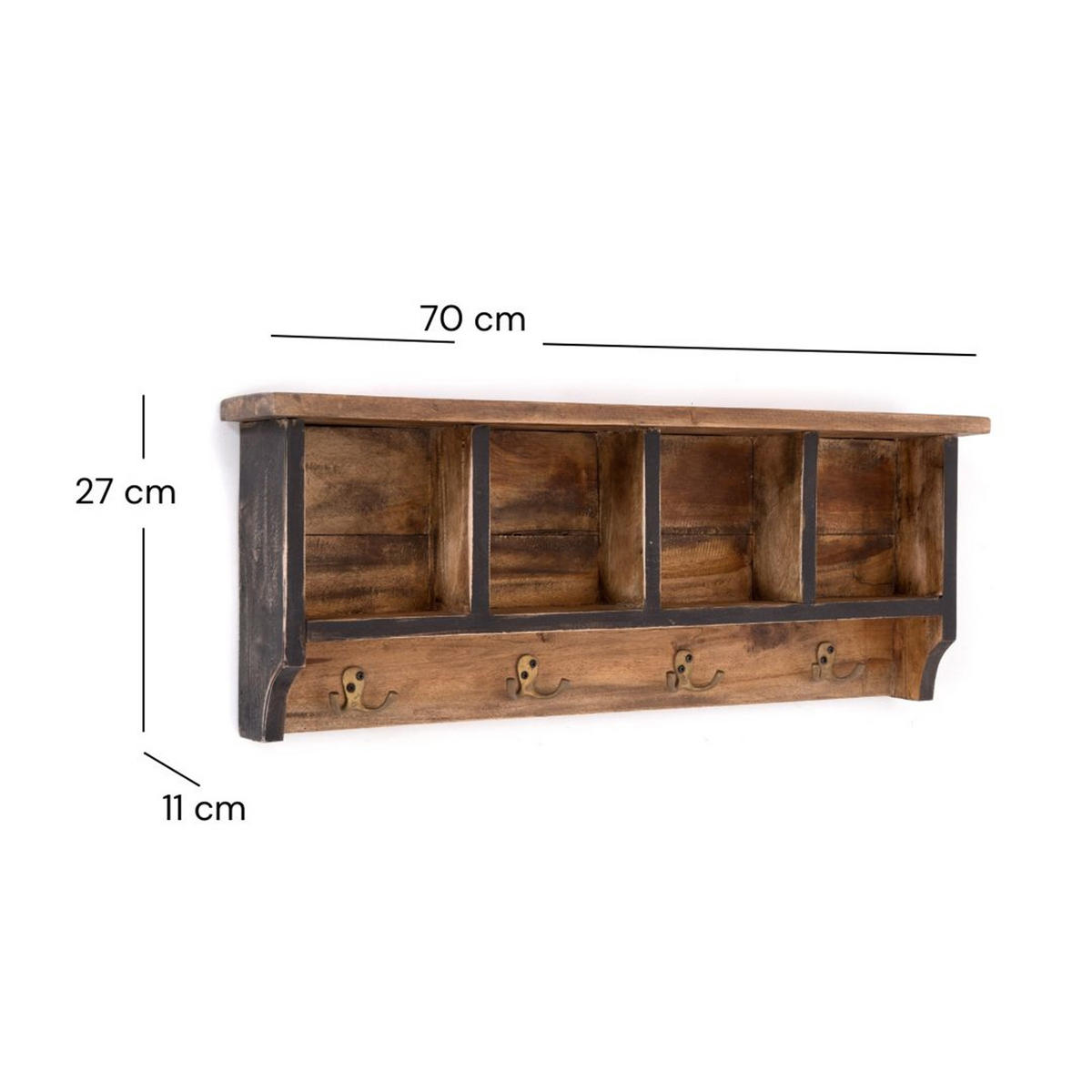 WANDGARDEROBE VINTAGE 70 Recyclingholz massiv, 4 Doppelhaken, 4 Fächer, Ablage 04 schwarz-natur - Graubraun, Holz (70/27/11cm) - DESIGN DELIGHTS