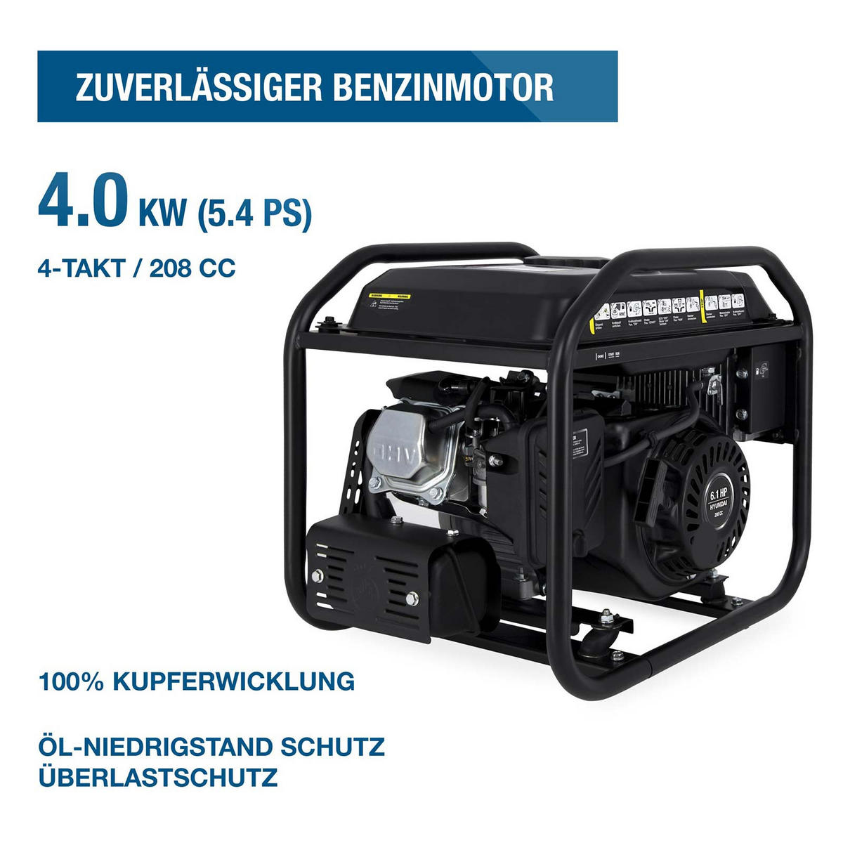 INVERTER-GENERATOR HY3000i (3.0 kW, tragbar, 2 x 230V) - Schwarz, Metall (46.3/35.5/42.5cm) - HYUNDAI