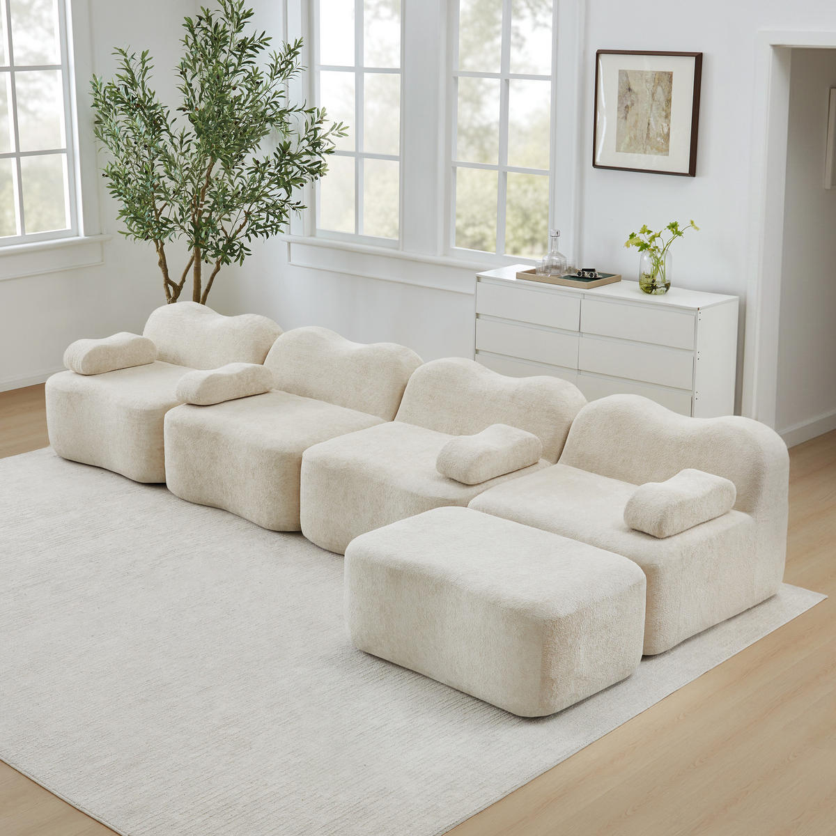 4-SITZER ECKSOFA Samt Beige mit Hocker - Beige, Textil (384/167cm) - WISHDOR