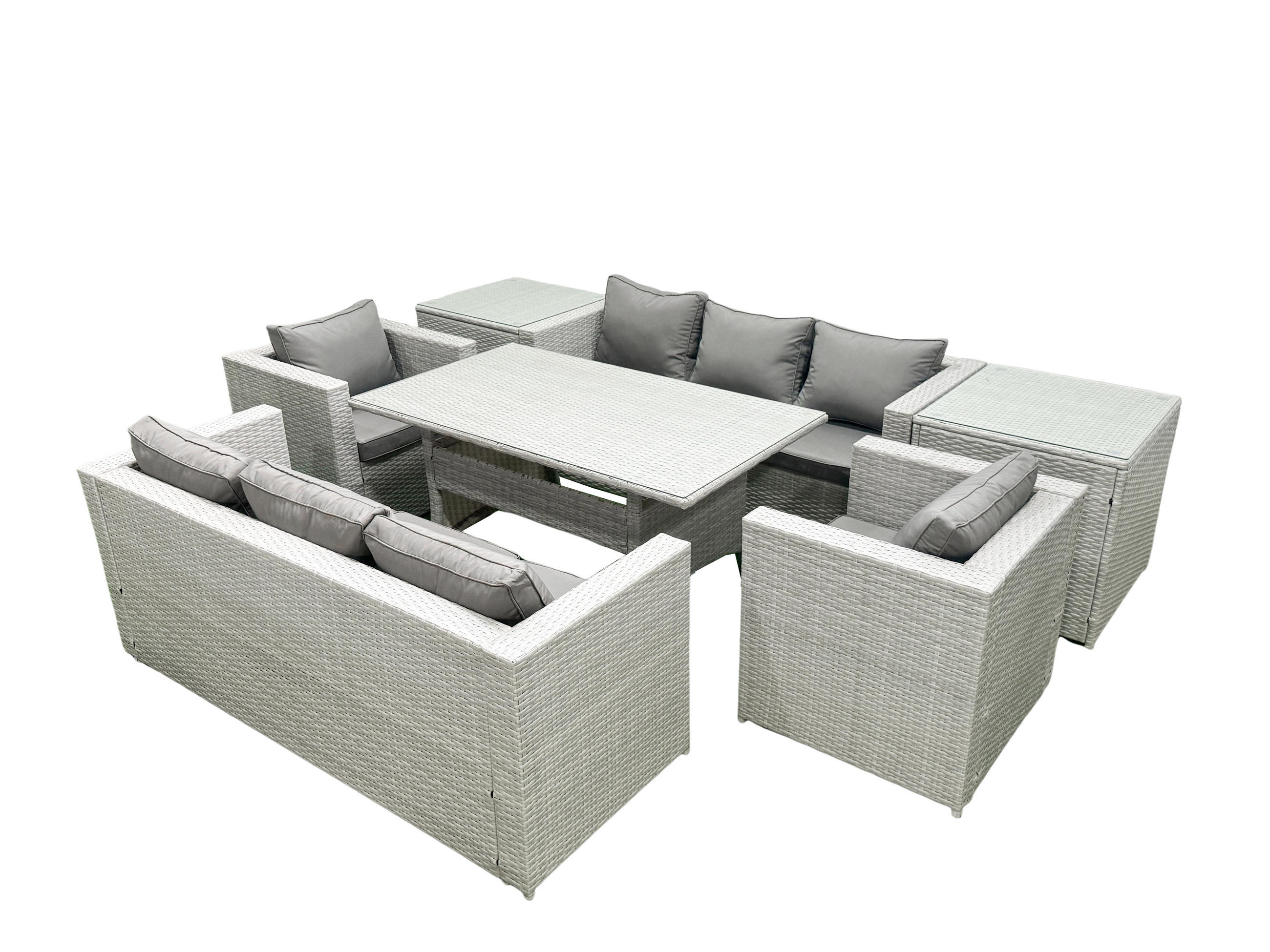 GARTENMÖBEL SET mit 3-Sitzer-Sofa und 2 Stühle, Esstisch,2 Beistelltischen Polyrattan Hellgrau 8-Sitzer - Hellgrau/Grau, Glas/Kunststoff - Fimous