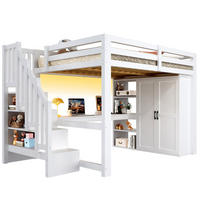 HOCHBETT aus Kiefernholz 140x200 cm Weiß mit Schreibtisch, Kleiderschrank, Stauraumtreppe, LED und USB - Weiß, Holzwerkstoff (140/200cm) - IVMEU