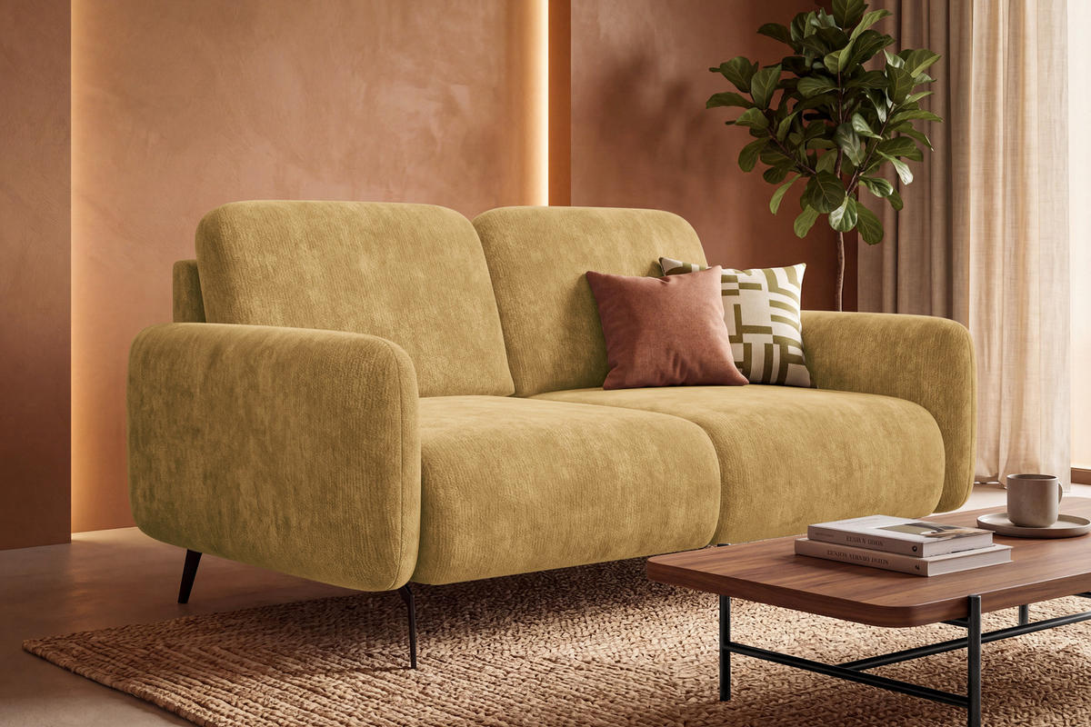 SOFA FEBE 2-Sitzer, safranfarbener Chenille-Stoff - Gelb/Schwarz, Holz/Textil (160/82/96cm) - Wozimo