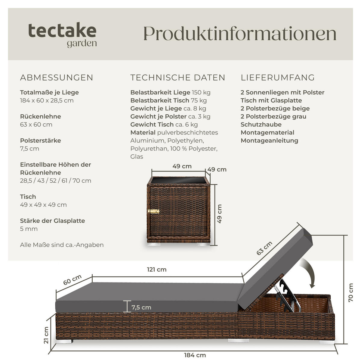 RATTAN-SONNENLIEGE 2er Set,wetterfest und UV-beständig,braun - Braun, Kunststoff (60/21/184cm) - tectake