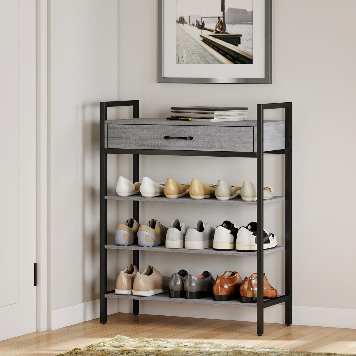 SCHUHREGAL DE-09779 4-stufig, mit Schublade, für 9 Paar Schuhe Grau - Grau, Holzwerkstoff/Metall (70/87.6/30cm) - ComfortXL
