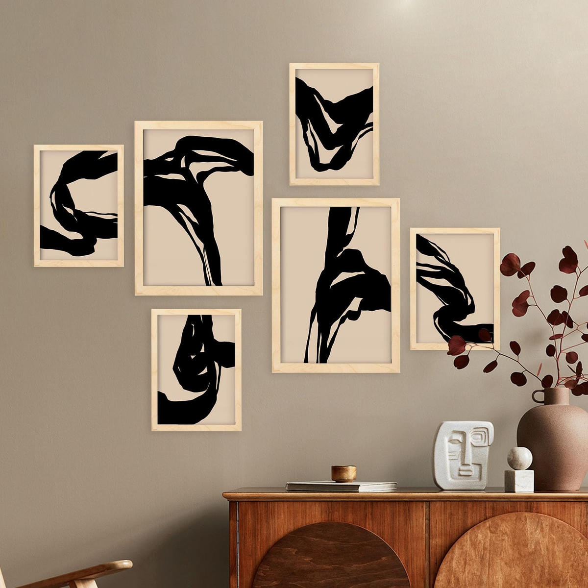 POSTER Set Mit 6 Kraftvoll In Abstrakter Form Ästhetische Dekorative Gemälde Für Ihr Wohnzimmer Oder Zuhause A3 & A4 Rahmen Aus Hellem Holz - Beige, Papier (29/3cm) - Nacnic