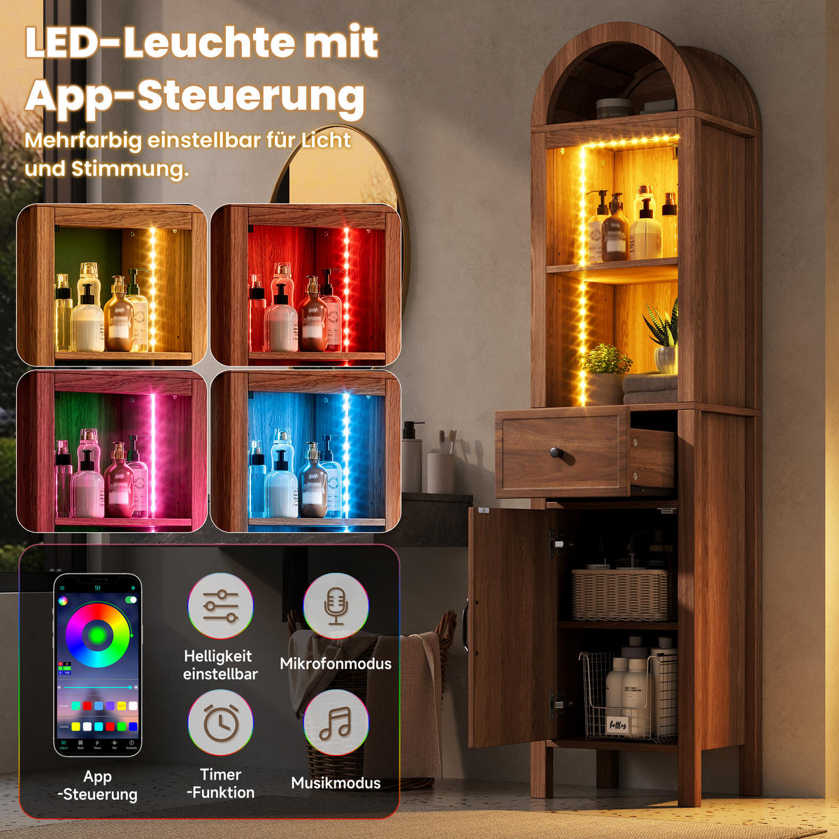 HOCHSCHRANK 40/30/163 cm Walnussholzfarbe mit 1 Schubladen und LED - Walnussfarben, Holz/Holzwerkstoff (30/163/40cm) - Oxeza