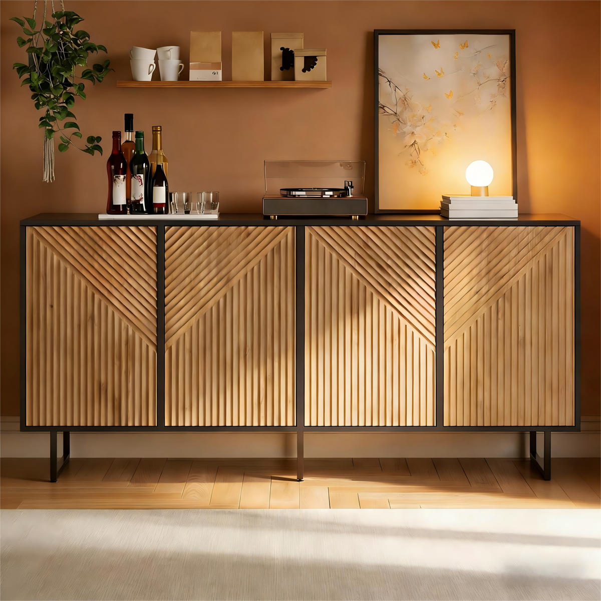 SIDEBOARD Holz Schwarz 4 Türen 160x40x75cm Vakuumform Stauraum - Naturfarben, Holzwerkstoff (40/75/160cm) - FLIEKS