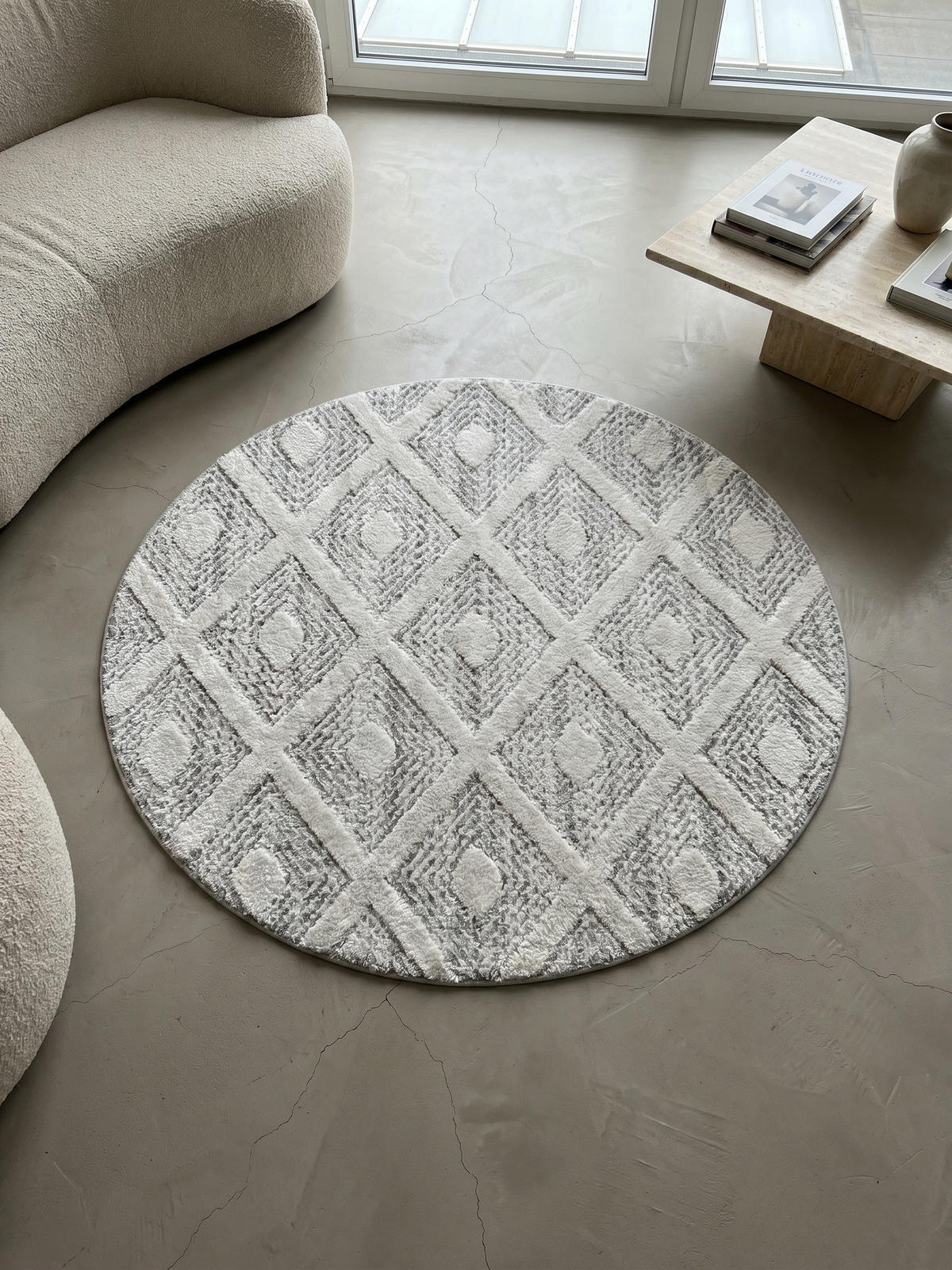 TEPPICH Wohnzimmer 3D Geometrisch Modern Waschbar OEKO-TEX Rund Grau 200x200 cm Gekettelt – EISACK - Grau, Textil (200/200cm) - KADIMA DESIGN
