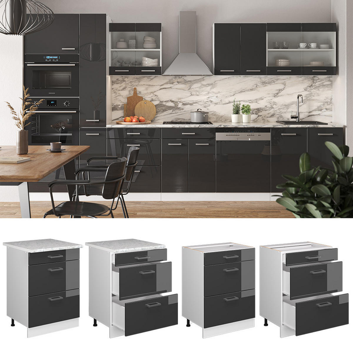 KÜCHENUNTERSCHRANK R-Line Anthrazit Hochglanz 60 cm mit Schubladen AP Eiche - Anthrazit/Weiß, Holzwerkstoff (60/81.6/60cm) - Vicco