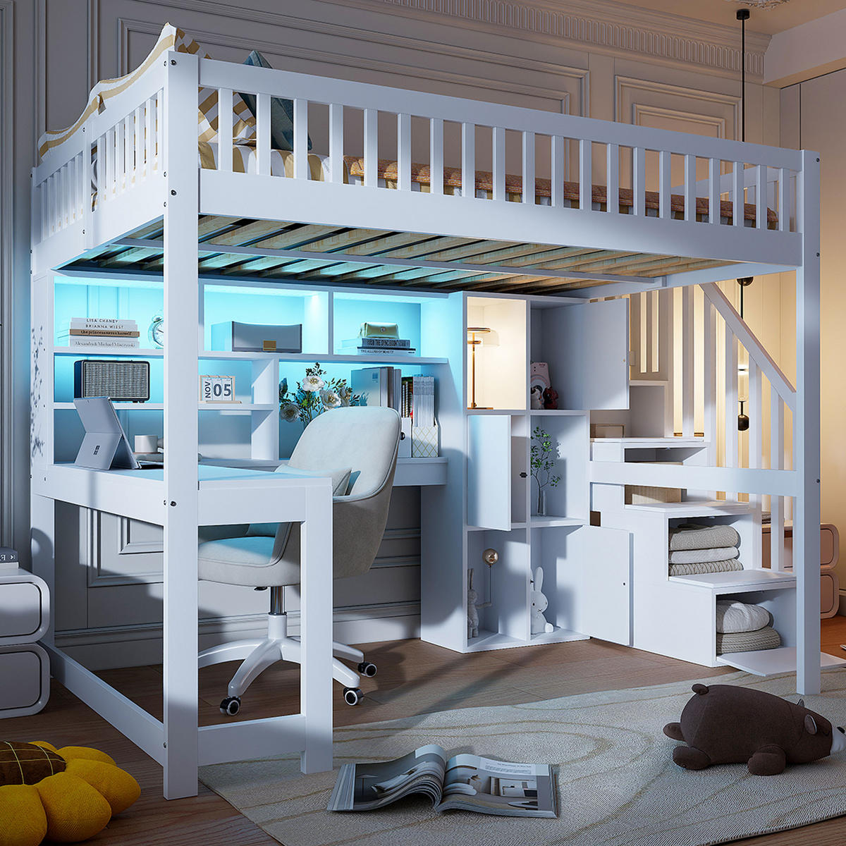 HOCHBETT 140x200cm Weiß LED-Licht Ablageleiter Schreibtisch - Weiß, Holz (140/200cm) - FLIEKS