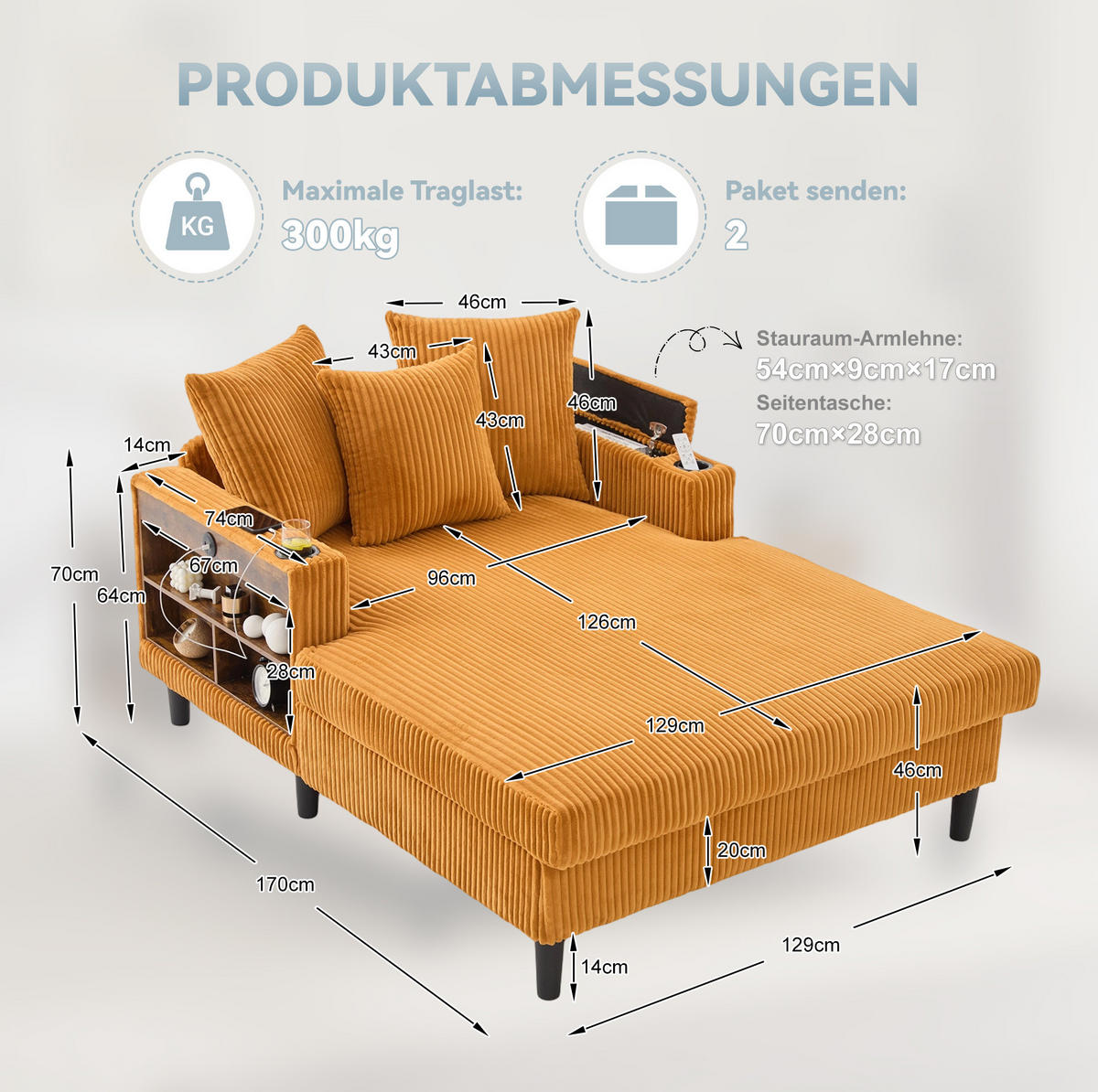 CHAISELONGUE 129/170/70 cm aus Cord mit LED-Beleuchtung, USB-Anschluss, Stauraum und Becherhaltern, Senfgelb - Gelb, Textil (170/70/129cm) - Redom