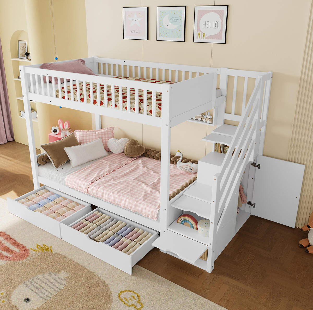 ETAGENBETT 90/200 cm in Weiß mit Kleiderschrank und Stauraumtreppe - Weiß, Holz (90/200cm) - BEAOK