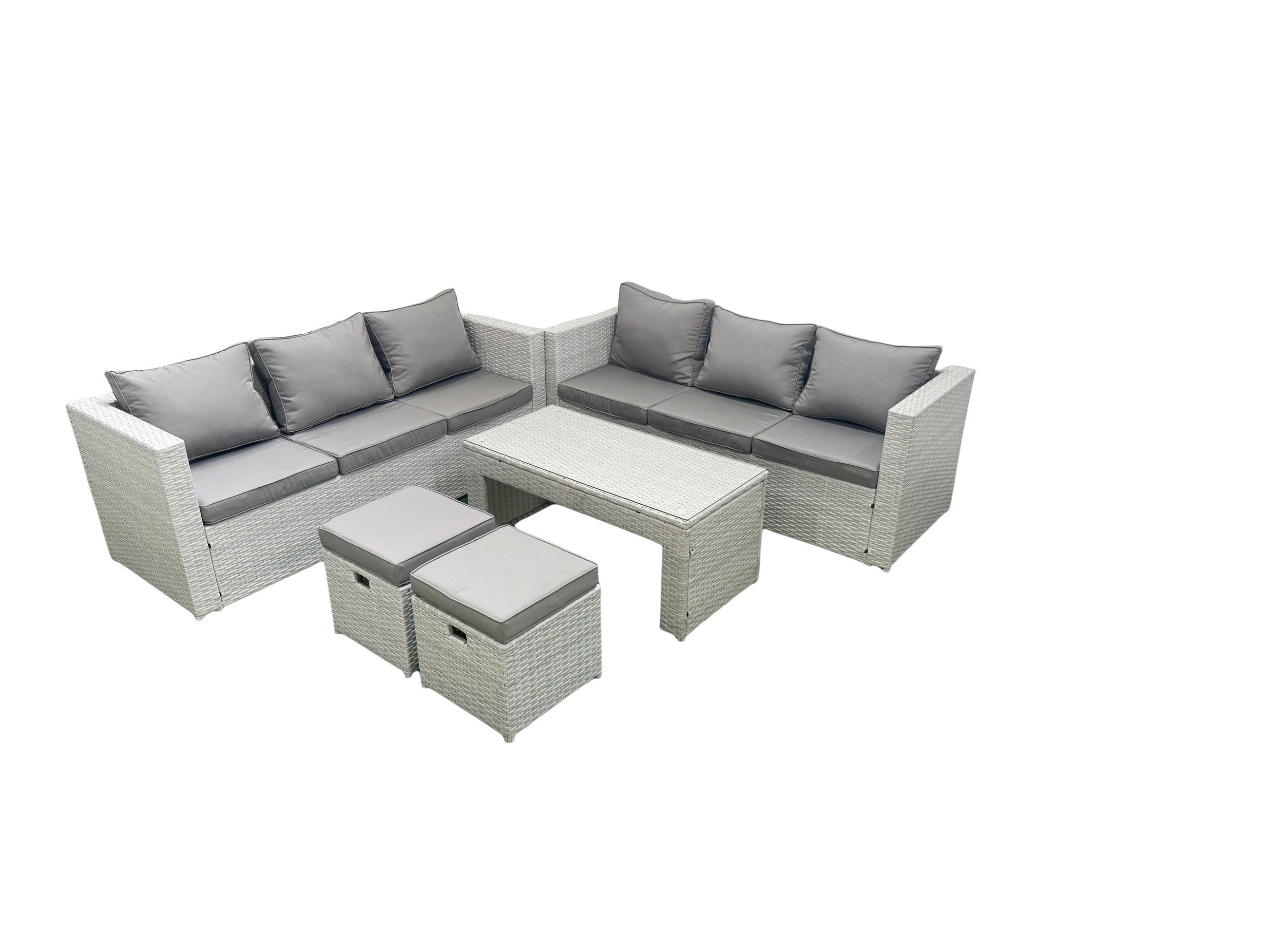 GARTENSOFA hohe Rückenlehne Polyrattan Hellgrau-Mix 8-Sitzer - Hellgrau/Grau, Glas/Kunststoff - Fimous