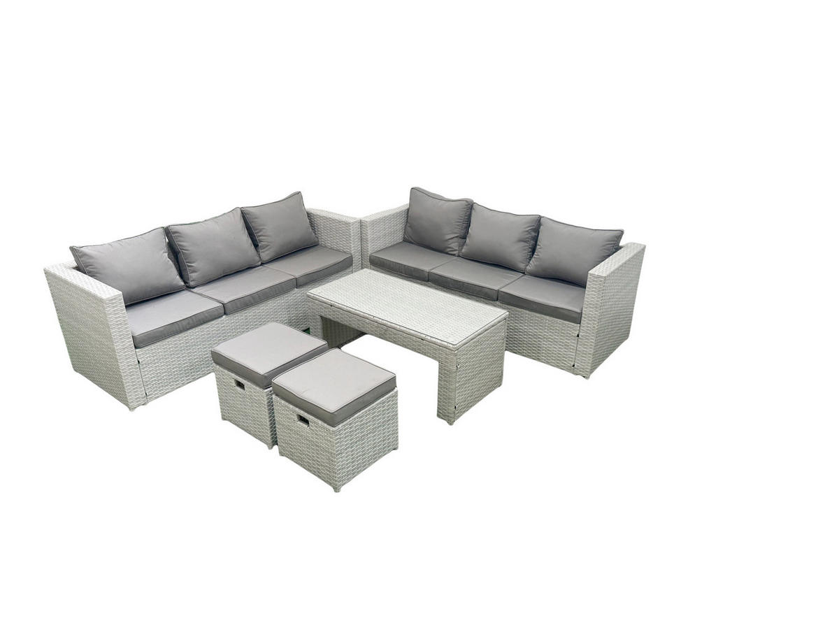 GARTENSOFA hohe Rückenlehne Polyrattan Hellgrau-Mix 8-Sitzer - Hellgrau/Grau, Glas/Kunststoff - Fimous