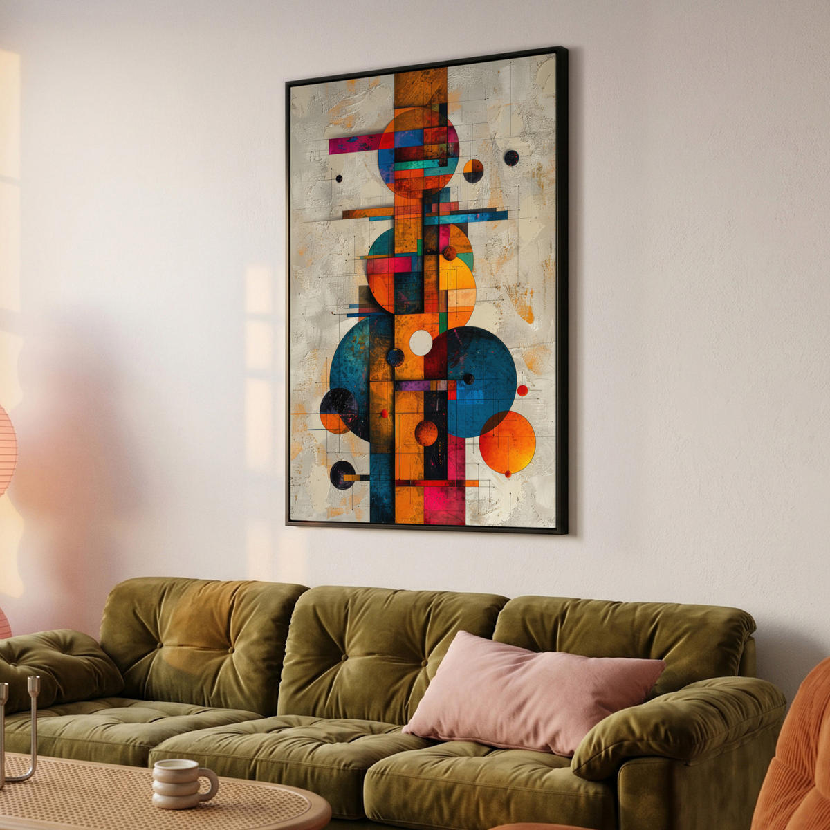 LEINWAND Bilder mit Rahmen - Vintage - Moderne Kunst - Orange - Geometrische Formen - 100x150 - Multicolor, Textil (100/150cm) - MuchoWow