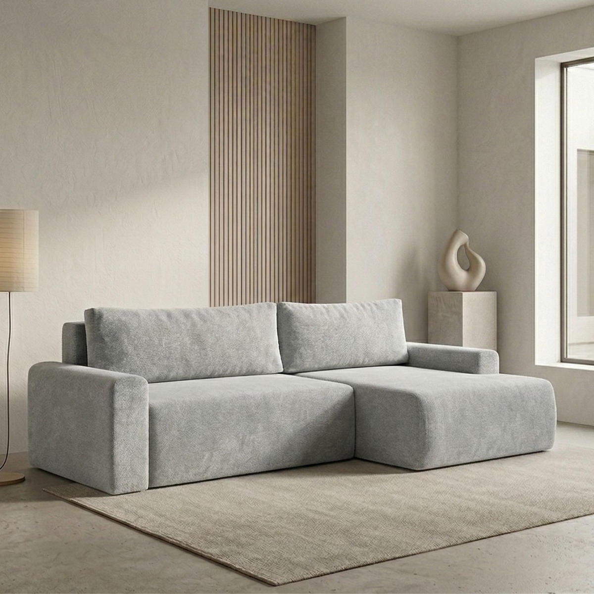 ECKSOFA MILO LARGE mit Schlaffunktion, Bettkasten und Cordbezug, Rechts - VIBE 86 - Grau, Holz (270/142cm) - Dekori_Interiors