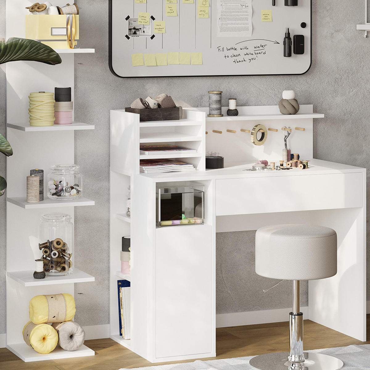 SCHREIBTISCH Weiß 3 Teile, mit Bücherregal und Hocker - Weiß, Holzwerkstoff (50/100/100cm) - Vicco