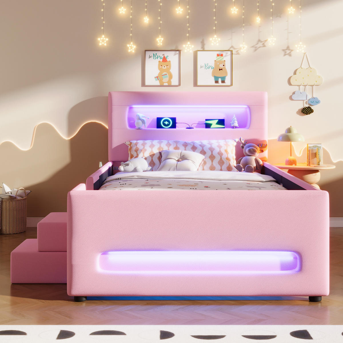 KINDERBETT 90/200 cm DE-03359, mit Treppe, Schubladen, LED-Lichtleisten und Aufbewahrungstaschen, in Rosa - Pink, Holzwerkstoff (90/200cm) - ComfortXL