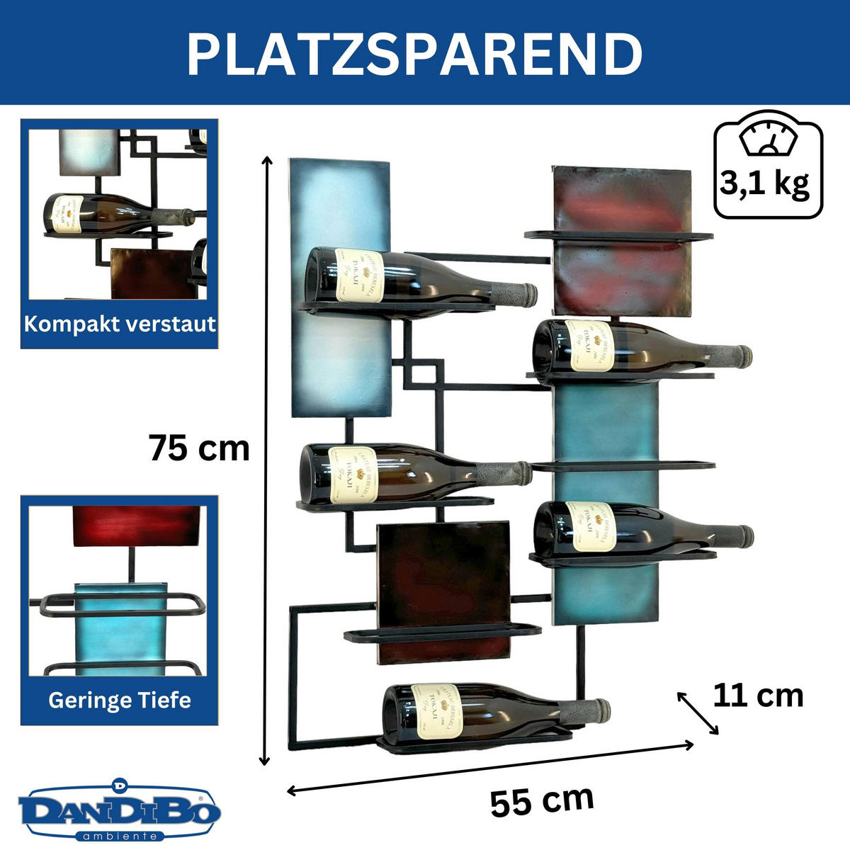 WEINREGAL Wand Metall Schwarz 8 Flaschen Schmal 96618 - Schwarz, Metall (55/75/11cm) - DanDiBo
