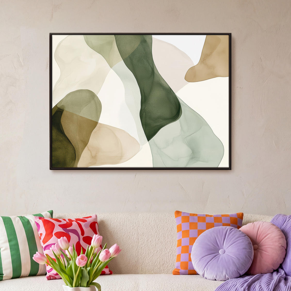 LEINWAND Bilder mit Rahmen - Japandi - Abstrakt - Grün - 100x70 - Salbeigrün, Textil (100/70cm) - MuchoWow