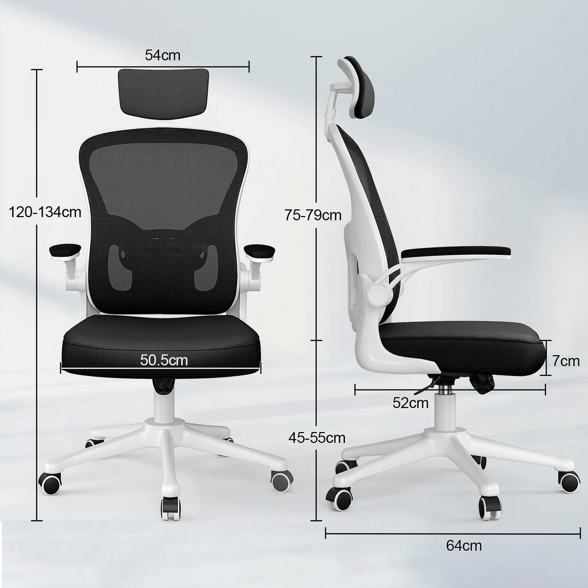 BÜROSTUHL ergonomisch, höhenverstellbar, klappbare Armlehnen, Kopfstütze – Weiß - Weiß, Metall (50.5/134/52cm) - Rattantree