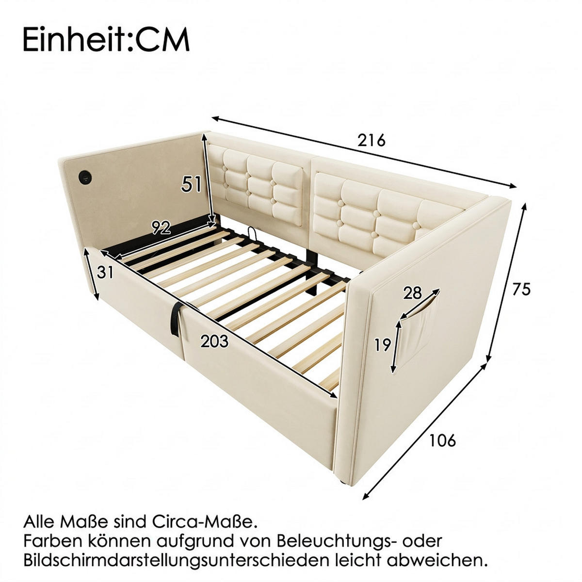 POLSTERBETT 90/200 cm Beige mit Hydraulischem Stauraum und USB/Type-C Ladestation - Beige, Holz/Textil (90/200cm) - Oxeza