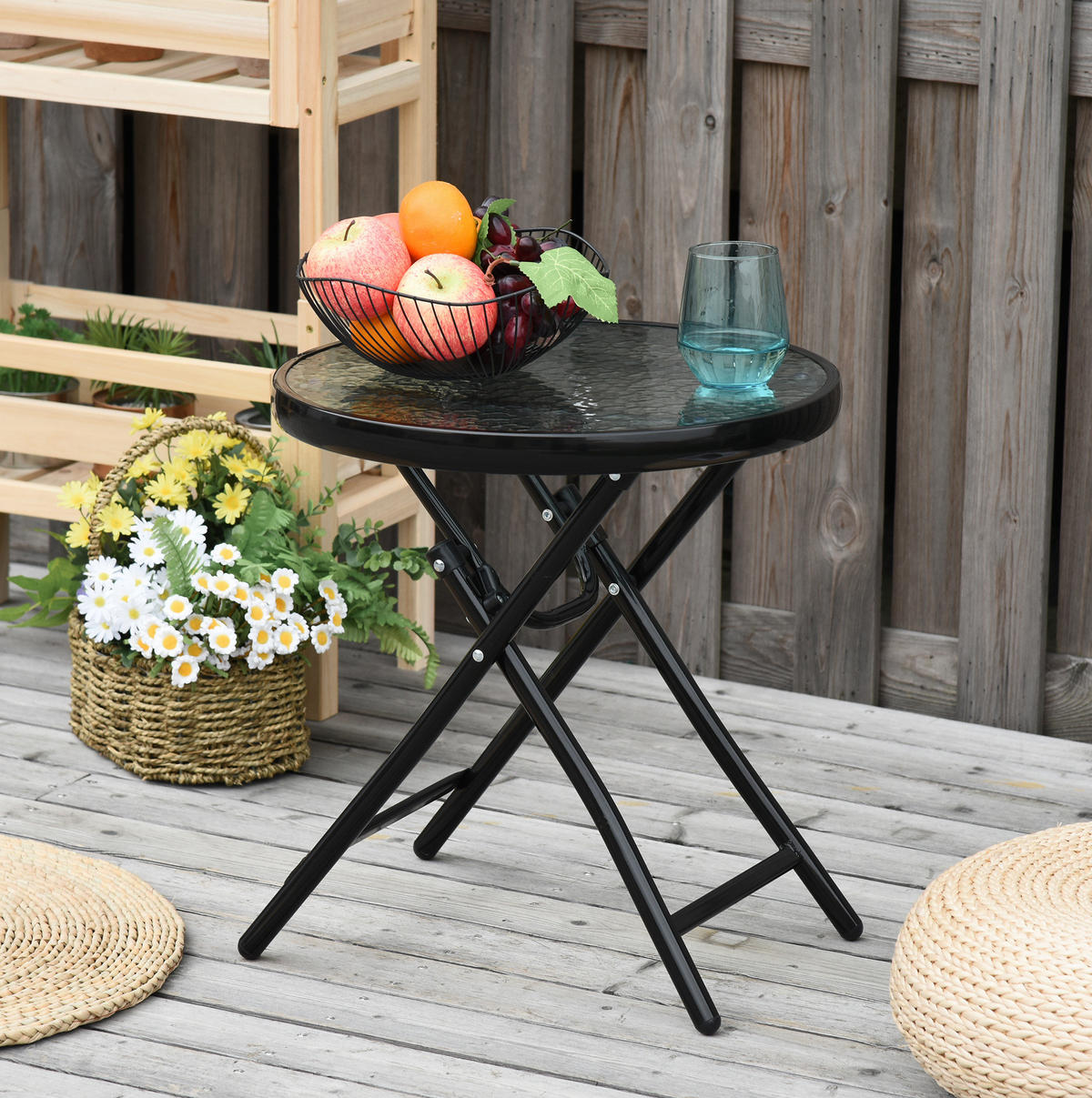 ZAHRADNÍ stolek Ø45/50 cm černý z kovu se skleněnou deskou a skládacím provedením - černá, kov (40/40/50cm) - OKWISH