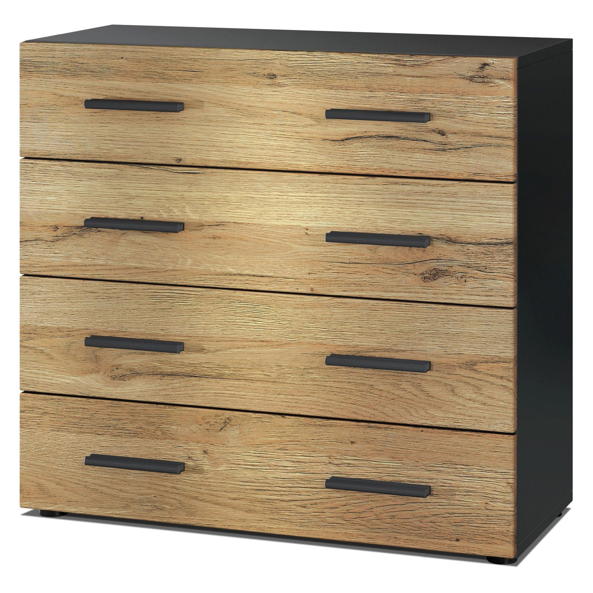 KOMMODE Den, Sideboard mit 4 Schubladen, Made in Germany, Moderner Schrank, Schwarz matt / Eiche Nature (76 x 72 x 35 cm) - Eiche Wotan, Holzwerkstoff (76/72/33cm) - InnoFurn