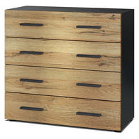 KOMMODE Den, Sideboard mit 4 Schubladen, Made in Germany, Moderner Schrank, Schwarz matt / Eiche Nature (76 x 72 x 35 cm) - Eiche Wotan, Holzwerkstoff (76/72/33cm) - InnoFurn