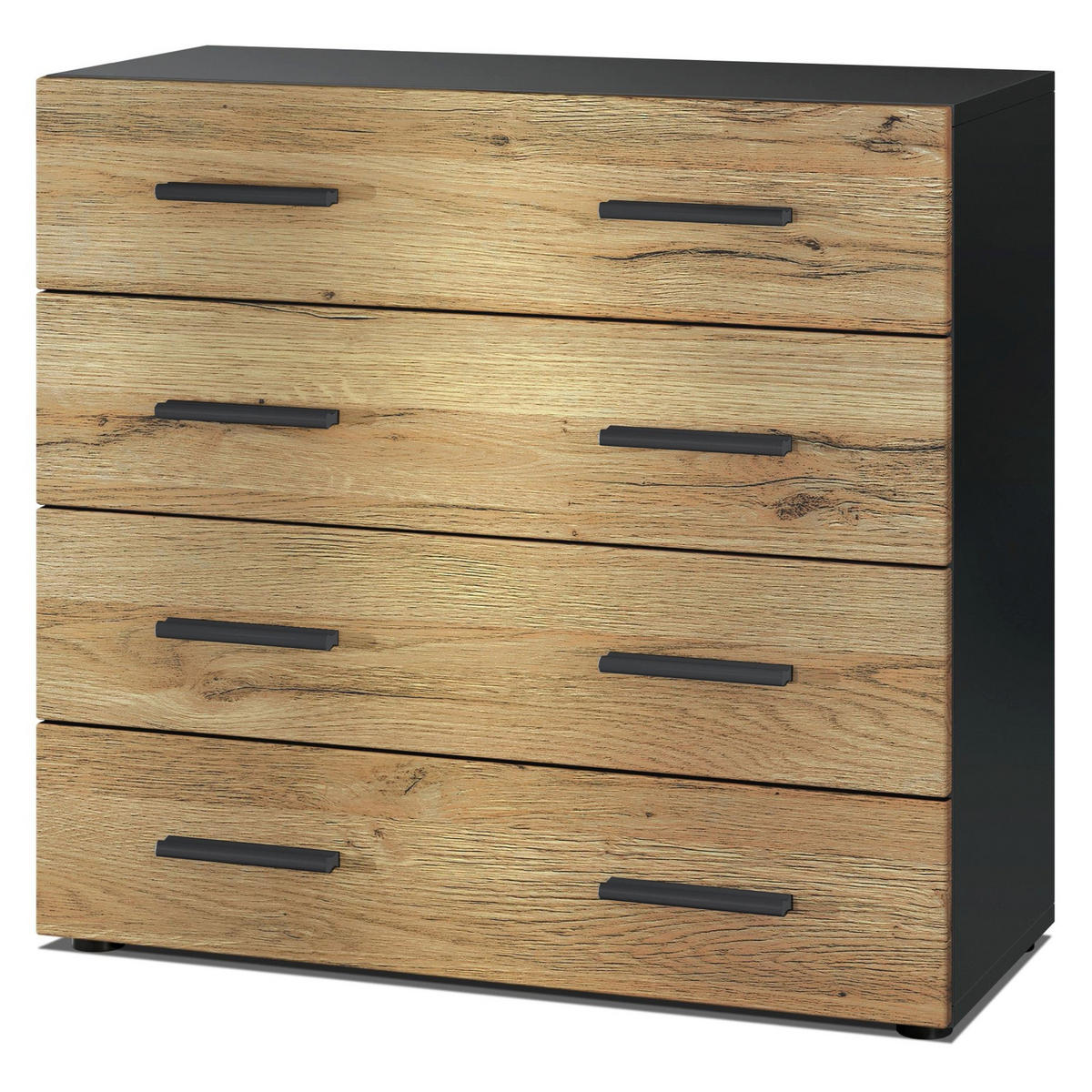 KOMMODE Den, Sideboard mit 4 Schubladen, Made in Germany, Moderner Schrank, Schwarz matt / Eiche Nature (76 x 72 x 35 cm) - Eiche Wotan, Holzwerkstoff (76/72/33cm) - InnoFurn