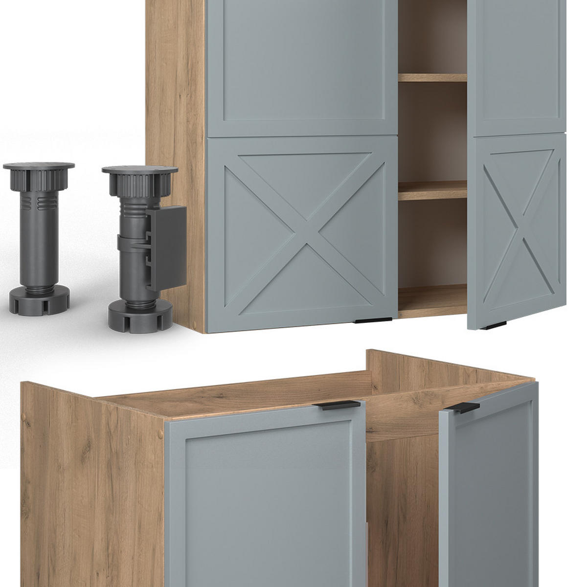 KÜCHENZEILE Fame-Line Hellblau-grau/Goldkraft Eiche 200 cm AP Anthrazit - Honigeiche/Blaugrau, Holzwerkstoff (200/81.6/60cm) - Vicco