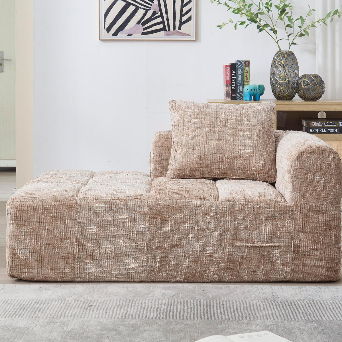 SOFA s ležaljkom, 158/90/60 cm, chenille kaki, s bočnim džepovima i jastukom - boje pijeska, tekstil (60/158/90cm) - BEAOK