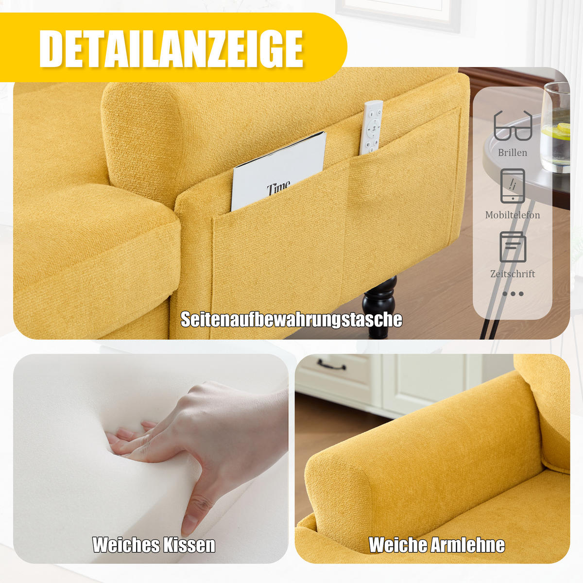 SOFA Chenille Senfgelb mit Stauraum - Gelb, Holz/Holzwerkstoff (97/86/125.5cm) - WISHDOR