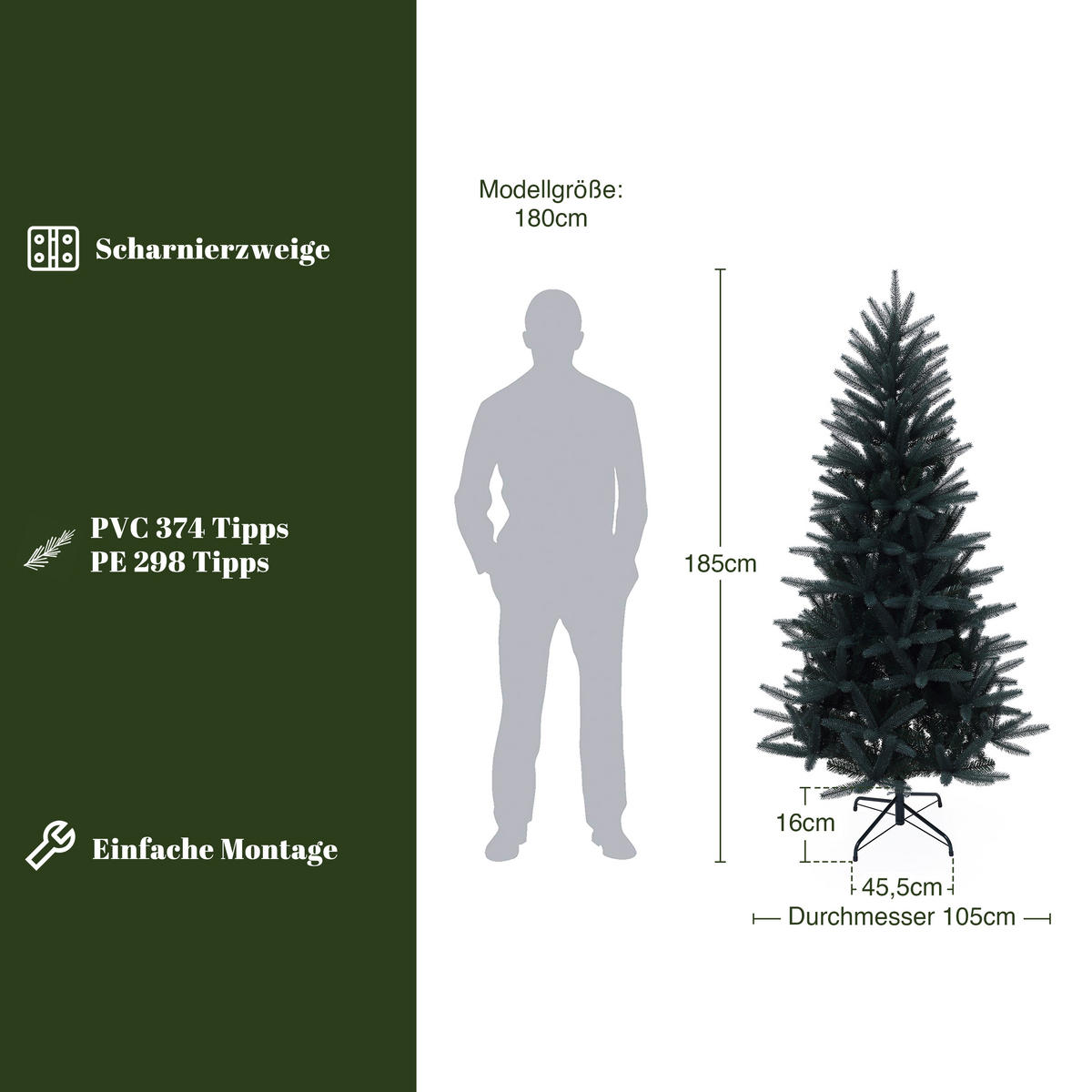 KÜNSTLICHER Weihnachtsbaum 185 cm, Dunkelgrün mit Metallständer - Grün, Kunststoff (185cm) - Hometopia