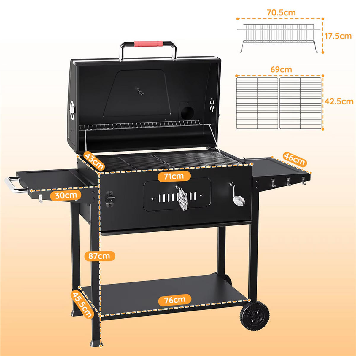 HOLZKOHLEGRILL Gartengrillwagen mit Thermometer - Schwarz, Metall (76/87/45.5cm) - Kaket