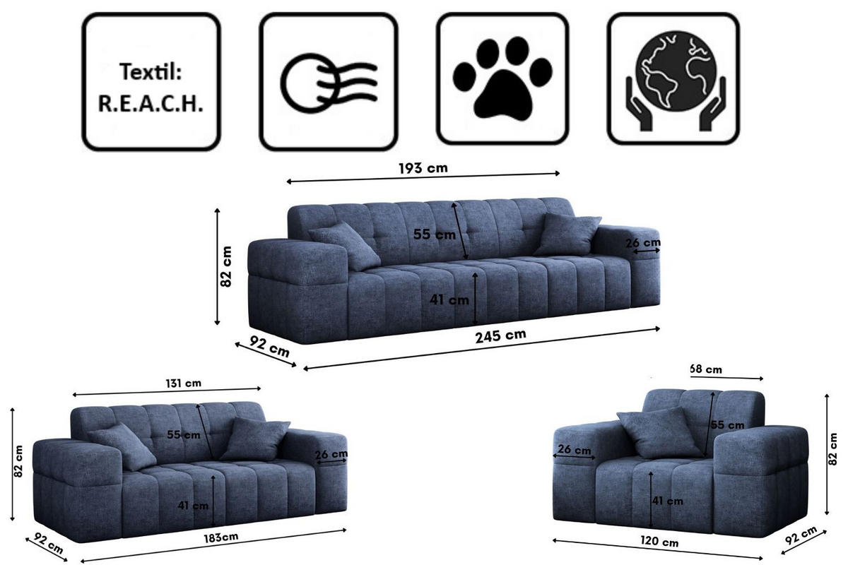 SITZGARNITUR 3+2+1 NIMES Stoff Perfect Harmony Dunkelblau - Dunkelblau, Holz/Textil (245/82/92cm) - Kaiser Möbel