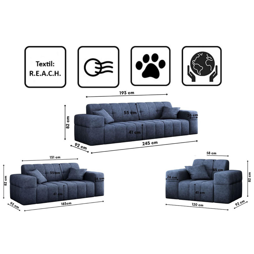 Thumbnail - Kaiser Möbel Sitzgarnitur, Dunkelblau, Textil, 6-Sitzer, 245x82x92 cm, Wohnzimmer, Sofas & Couches, Sitzgarnituren