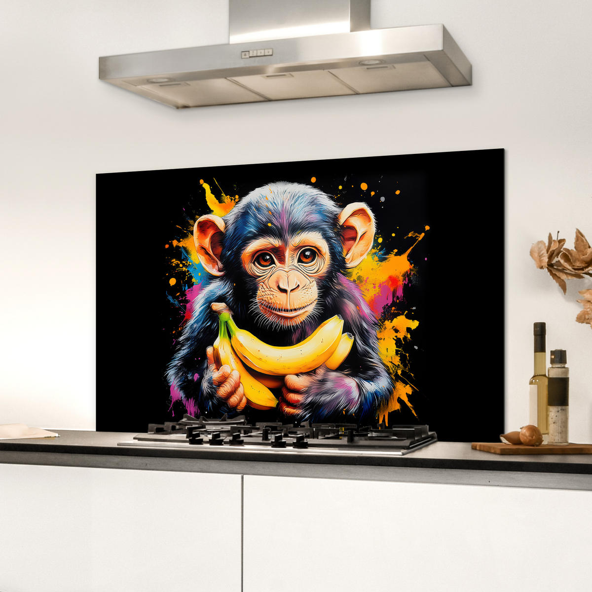 SPRITZSCHUTZ KÜCHE Affe - Graffiti - Farbenfroh - Bananen - Modern 80x55 cm - Gelb, Metall (80/0.3/55cm) - MuchoWow