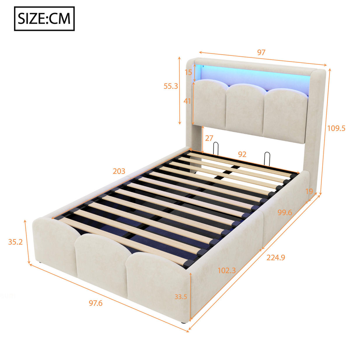POLSTERBETT aus Samt 90x200 cm Beige mit LED, USB-/Typ-C-Anschluss und hydraulischem Stauraum - Beige, Textil (90/200cm) - Modfu