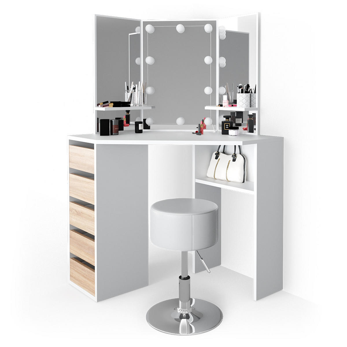 ECKSCHMINKTISCH Arielle Weiß/Sonoma 110 cm mit LED Beleuchtung und Hocker - Weiß/Sonoma Eiche, Holzwerkstoff (110/141.5/54cm) - Vicco