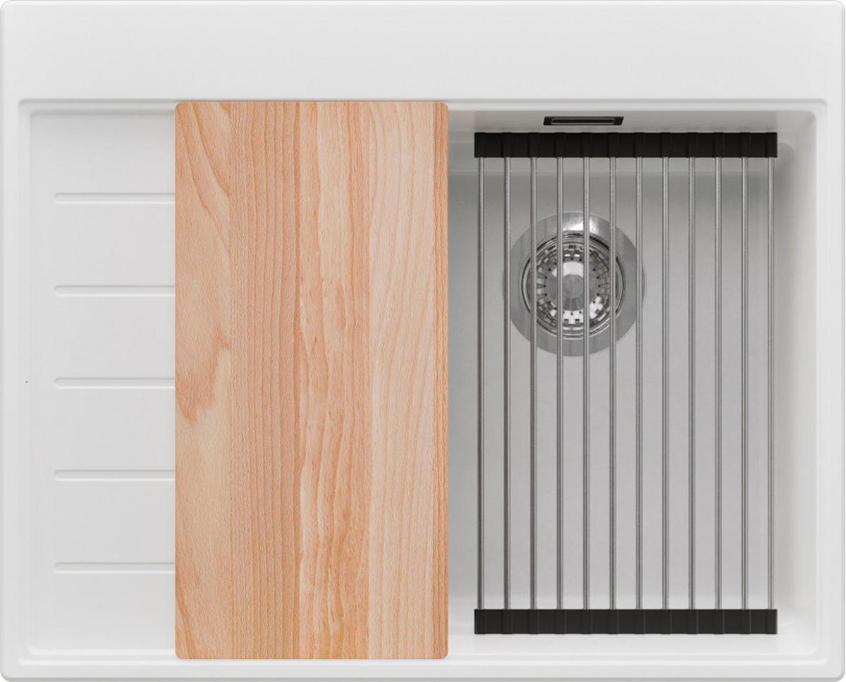 SPÜLBECKEN Sydney, 2-er set Weiß 62/50 cm 1 Becken + Ablauf-Set + Küchenzubehörset ab 40er Unterschrank - Chromfarben/Beige, Kunststoff (62/20/50cm) - Primagran