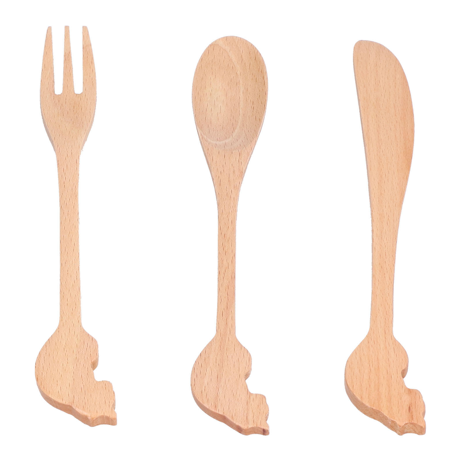 BESTECK-SET, Katzenform, Holz, 3 Stück, langlebig, Geschenk, für Kinder & Erwachsene - Naturfarben, Metall