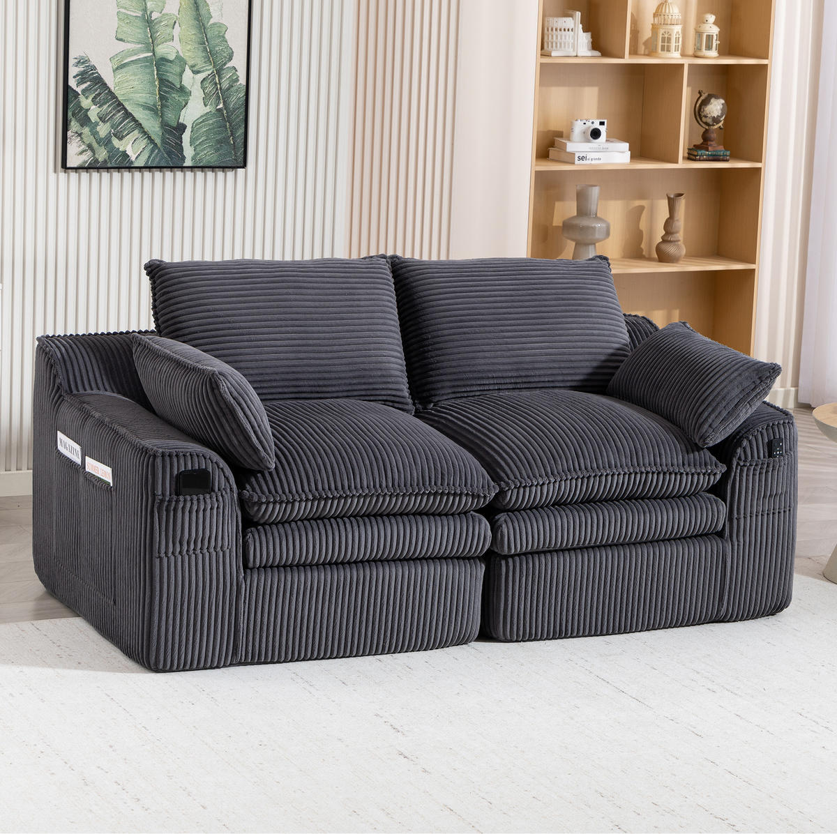 2-SITZER-SOFA 191/94/85 cm mit Seitentaschen, Kissen und Federkern, Cord, Dunkelgrau - Dunkelgrau, Textil (191/85/94cm) - Redom
