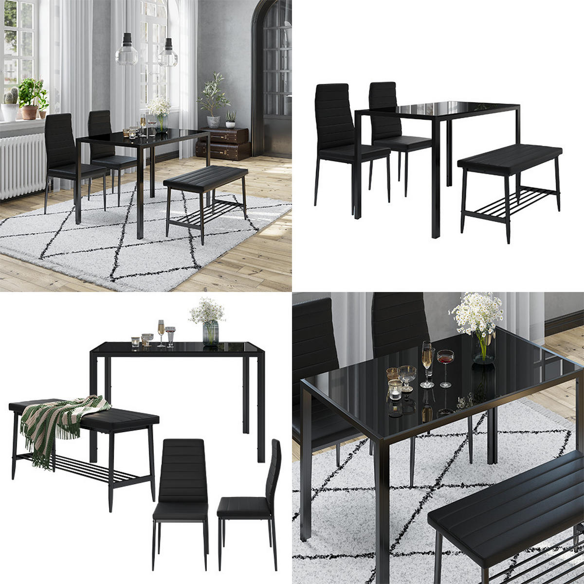 ESSTISCH-SET Grand Schwarz 120 x 70 cm 4-teiliges Set - Schwarz, Metall (120/75/70cm) - Vicco