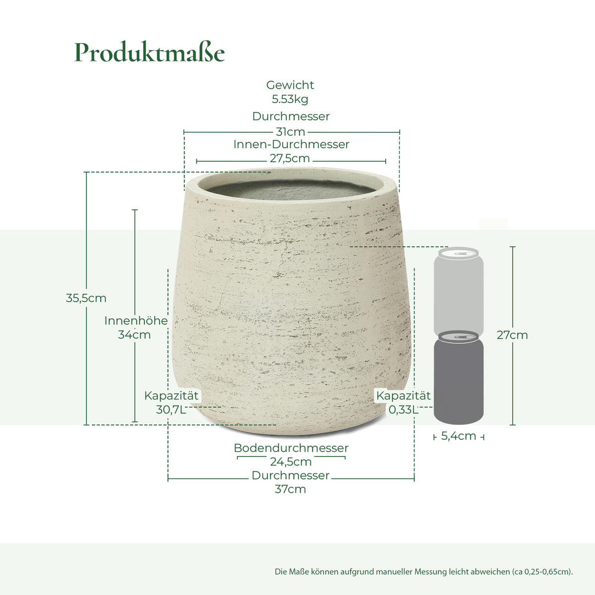 BLUMENTOPF groß & rund mit Ablaufloch, Ø 37 × H 35 cm, Creme - Weiß, Naturmaterialien (36cm) - Hometopia