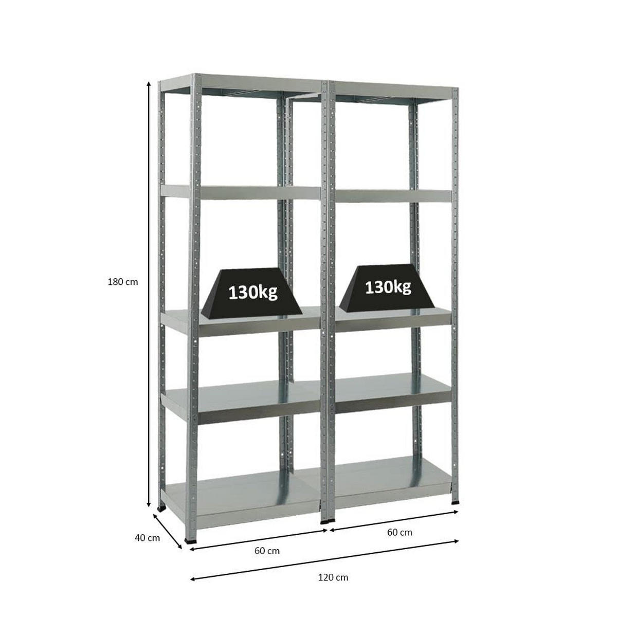 SCHWERLASTREGAL Steel Eagle 2er-Set mit 2x 180x60x40 cm Fachlast 130 kg Verzinkt - Silberfarben, Metall (120/180/40cm) - PROREGAL