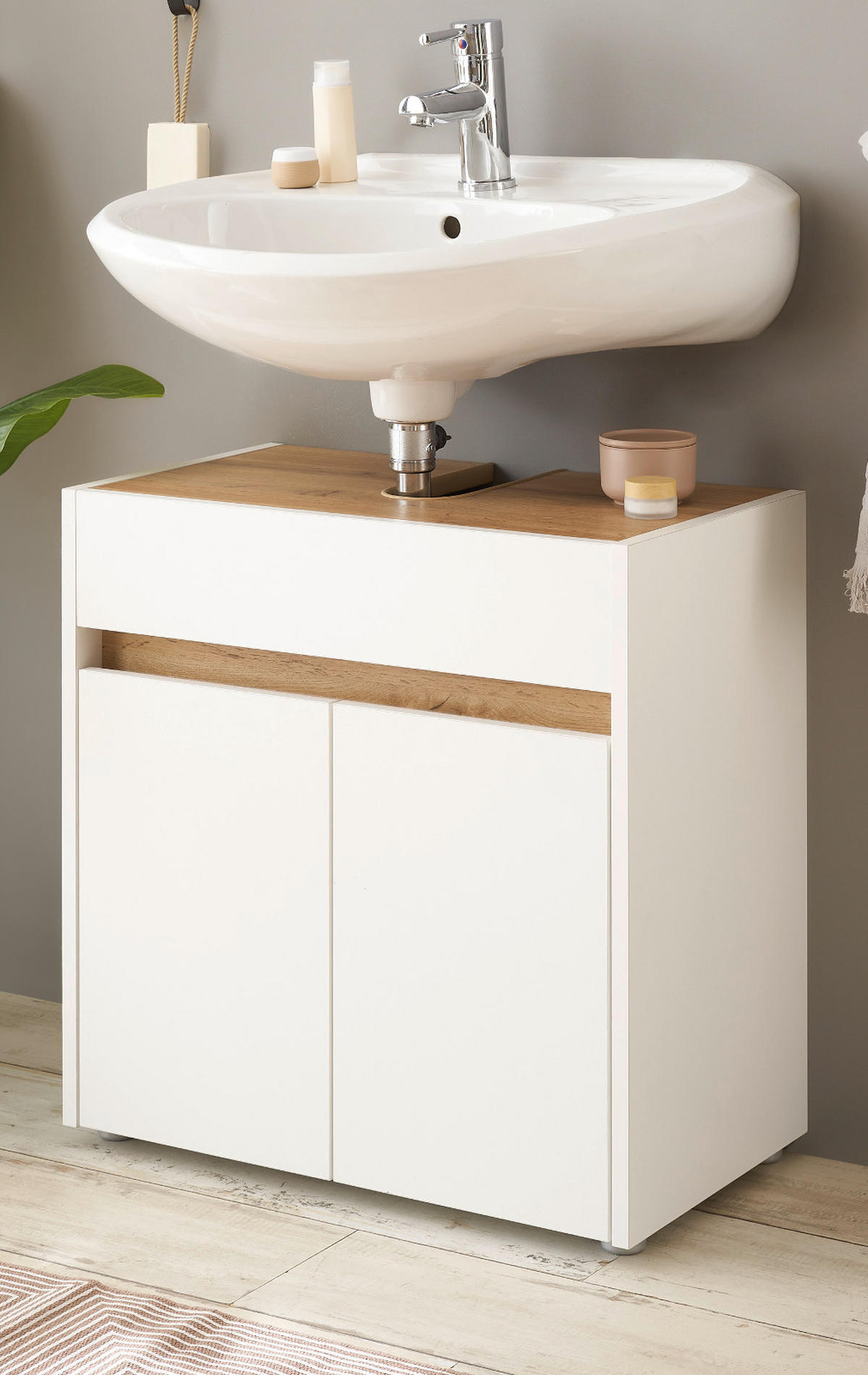 WASCHBECKENUNTERSCHRANK weiß, Wotan Eiche, Badezimmer Unterschrank 60 cm - Silberfarben/Eiche Wotan, Holz/Holzwerkstoff (60/62/34cm) - Furn.Design
